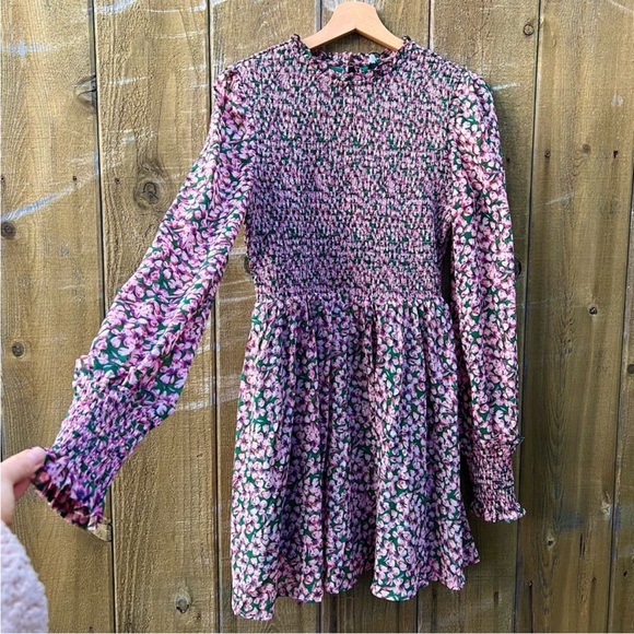 Green and Pink Floral Smocked Longsleeve Babydoll Dress 🌿 - Picture 3 of 12